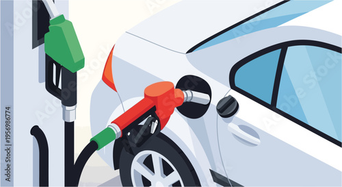 A white car being refueled with a red nozzle at a gas station, with a green nozzle hanging on the pump.