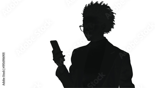 Silhouette of an individual with textured afro hair holding a smartphone while looking down at the screen.