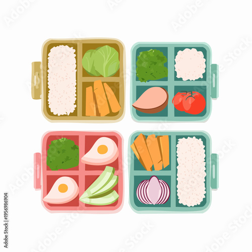 Vector illustration of four healthy bento lunchboxes with fresh food. Clean, minimal design for nutritious daily meal prep and balanced eating