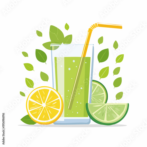 Fresh and vibrant green smoothie in a glass, garnished with lemon and lime slices and surrounded by green leaves for a healthy beverage concept