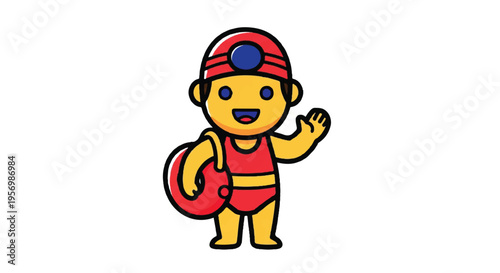 Cartoon lifeguard character waving hand with rescue equipment