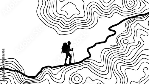 Vector illustration of hiker on topographic map