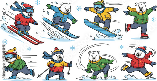 Cute Polar Bear Winter Sports Characters Collection Featuring Skiing Snowboarding Skating and Outdoor Activities in Cartoon Vector Style for Kids Seasonal Holiday and Creative Design Projects
