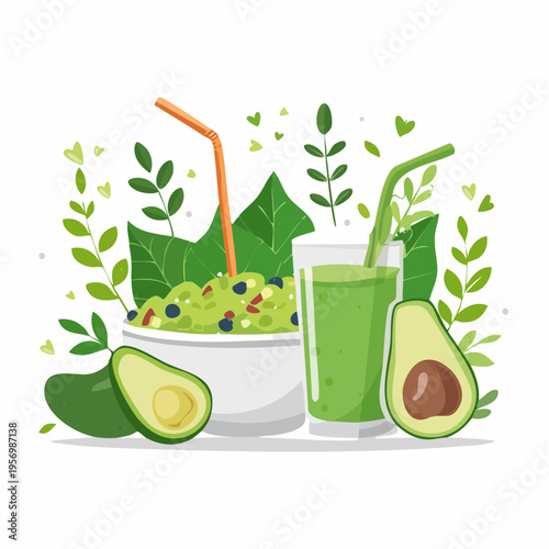 Flat vector illustration of a healthy vegan meal featuring fresh avocado, a vibrant green smoothie, and a nutritious salad bowl, surrounded by lush green foliage, perfect for clean eating concepts