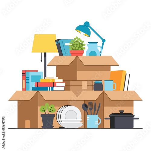 Moving Boxes Filled with Household Items, Books, and Plants - Flat Design Illustration