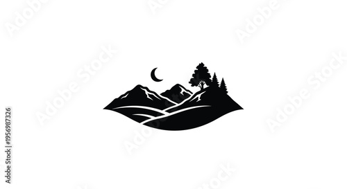 Mountain range with trees and crescent moon a stark silhouette