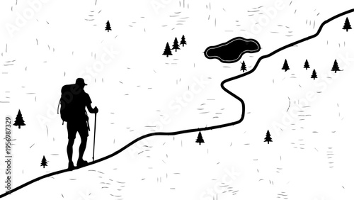 Vector illustration of hiker on mountain trail with trees