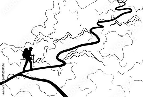 Vector illustration of hiker on winding path with mountains