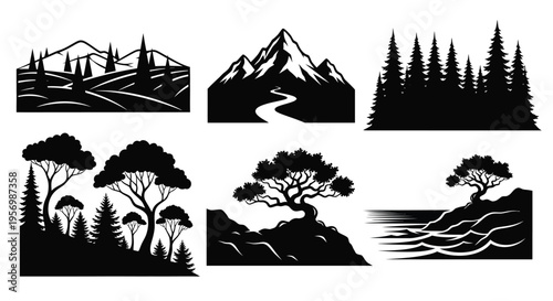 Black landscape elements including mountains trees and water silhouette