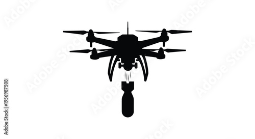 A black drone carrying an object viewed from directly below silhouette