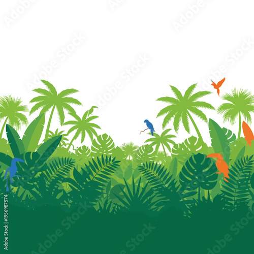 Vibrant Jungle Panorama with Palm Trees, Tropical Leaves, and Colorful Birds