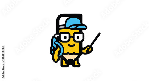 Cartoon pencil character with accessories and pointing stick isolated