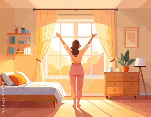 Woman stretching in a sunlit bedroom, embracing the morning light and a new day.