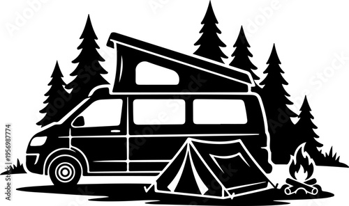 Vector illustration of camper van and tent in forest