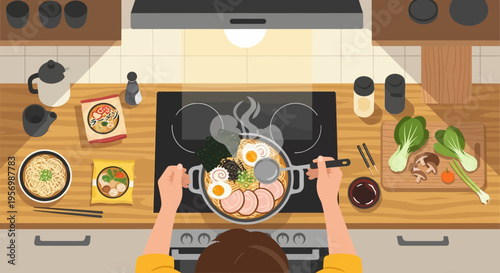 Top View Illustration of Person Cooking Homemade Japanese Ramen Noodle Soup in Kitchen