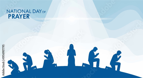 People praying together in silhouette on national day of prayer with mountain background