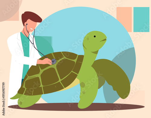 Veterinarian using a stethoscope to check the heart rate of a large turtle. Marine animal rescue and medical treatment. Flat vector illustration.