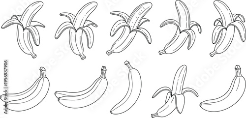 Banana Outline Icon Collection with Peeled and Whole Fruit Illustrations for Healthy Food Design, Organic Nutrition, Tropical Produce, and Grocery Concept Graphics