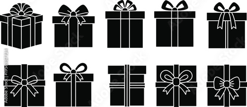 Gift Box Icon Set with Ribbon and Bow, Flat Present Package Collection for Birthday, Christmas, Holiday Celebrations, and Festive Design Elements