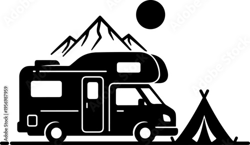 Vector illustration of camper van and tent in front of mountain