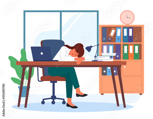 A woman is sleeping with her head on an office desk, surrounded by a laptop, books, and a lamp, indicating exhaustion or a break from work.