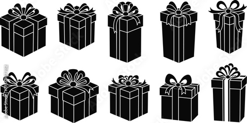 Gift Box Silhouette Collection with Decorative Ribbon and Bow, Elegant Present Package Set for Birthday, Christmas, Holiday Celebrations, and Festive Event Design