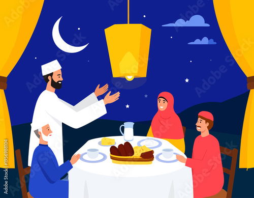 A Muslim family enjoying an Iftar meal together during Ramadan, with a father gesturing in prayer at night.