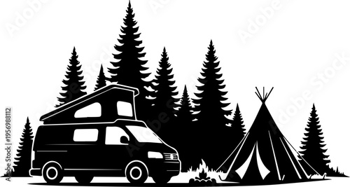 Vector illustration of camper van and tent in forest