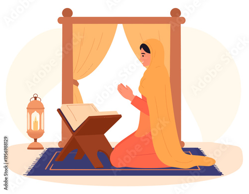 A Muslim woman praying or reading a holy book on a prayer mat with a lantern.