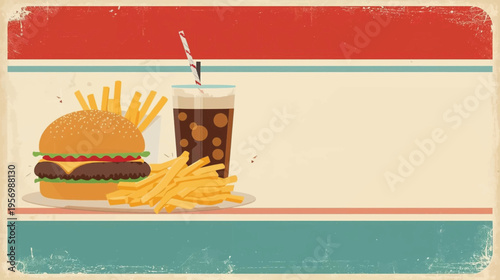 Retro fast food illustration with cheeseburger, french fries, and cola on a striped background with copy space.