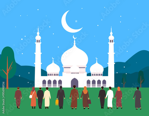 Diverse group of people walking towards a beautiful mosque under a crescent moon at night, celebrating Islamic culture and community.