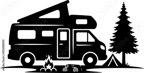 Vector camper van icon with campsite elements