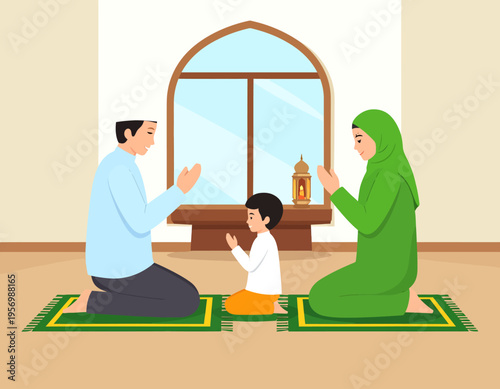 Muslim family praying together at home, father, mother, and son performing salah on prayer mats, depicting religious devotion and family bonding.
