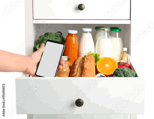 Hand holding a smartphone with a blank screen near an open kitchen drawer filled with fresh groceries and drinks.