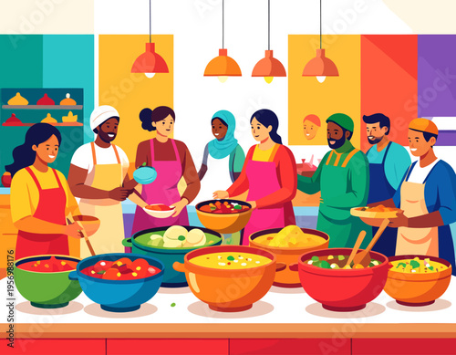 A diverse group of people in aprons sharing and serving various dishes of food at a community gathering or potluck event, showcasing cultural diversity and culinary traditions.