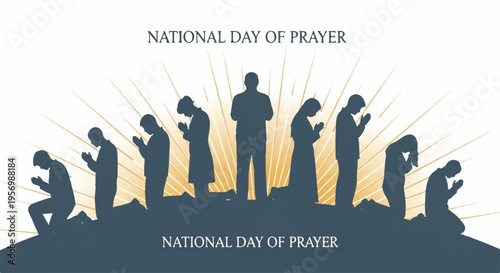 National day of prayer silhouette graphic with people praying together in unity and faith on a sunny background