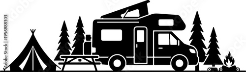 Vector illustration of camper van, tent and picnic table in forest
