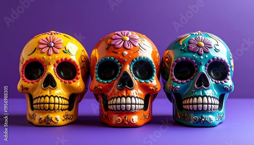 Three colorful Day of the Dead sugar skulls arranged in a row against a purple background, representing traditional Mexican folk art and celebration.