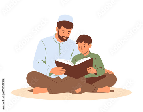 Muslim father and son reading a book together, learning and bonding in a peaceful setting.