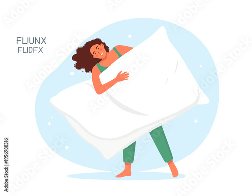 Cartoon illustration of a woman in green pajamas holding a giant white pillow, looking sleepy and a bit stressed.