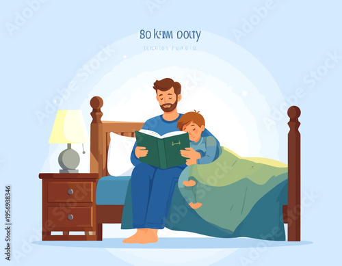 Father reading a bedtime story to his son in a cozy bedroom.