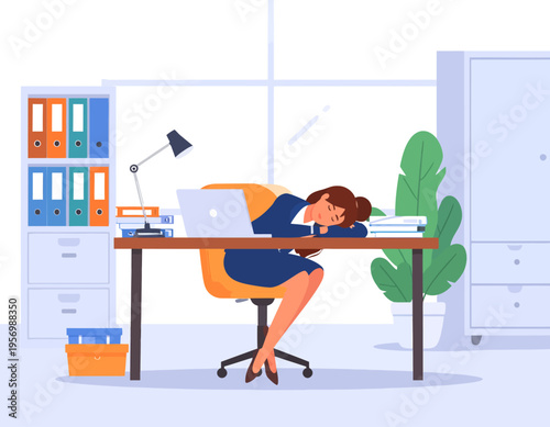 Exhausted businesswoman sleeping at her office desk with a laptop and documents, indicating burnout or overwork.