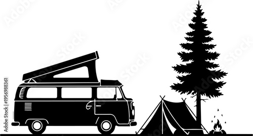 Vector illustration of a camper van and tent by a pine tree