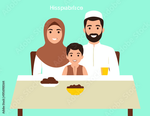A Muslim family, including a father, mother, and son, sitting together at a table with dates, possibly breaking their fast during Ramadan.