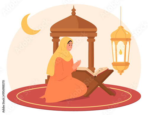 A Muslim woman in a hijab kneeling on a prayer rug, reading the Quran from a rehal, with a mosque structure and lantern in the background.