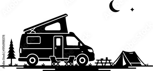 Vector illustration of camper van and tent in campsite
