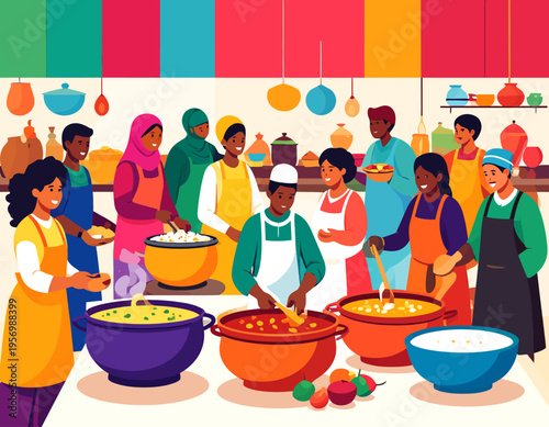 People gathering and cooking together at a traditional night market bazaar, community food festival and cultural street food celebration flat vector illustration.