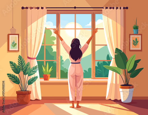 Woman stretching arms towards a bright window, enjoying the morning sun and fresh start in a room with plants.