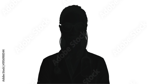 Silhouette profile of a female healthcare professional wearing a lab coat against a white background.