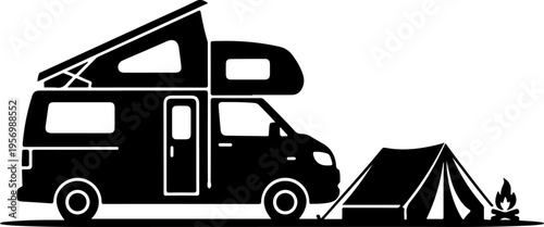 Vector camper van and tent icon for travel and outdoor activities